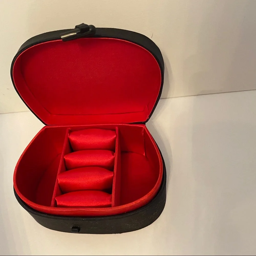 BOX JEWELRY ORGANIZER TRINKET BLACK SATIN PEACOCK RED LINING STORAGE HOME